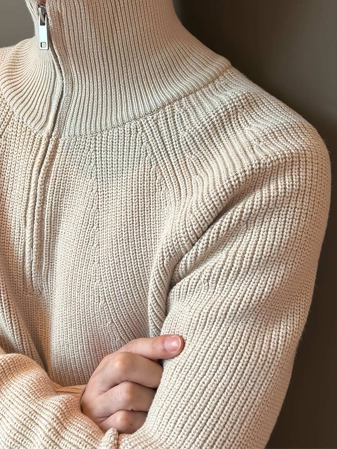 Plain Knit Cuffed Zip Up Sweater