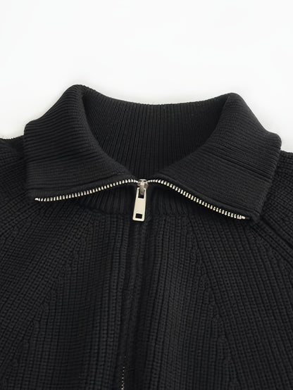 Plain Knit Cuffed Zip Up Sweater