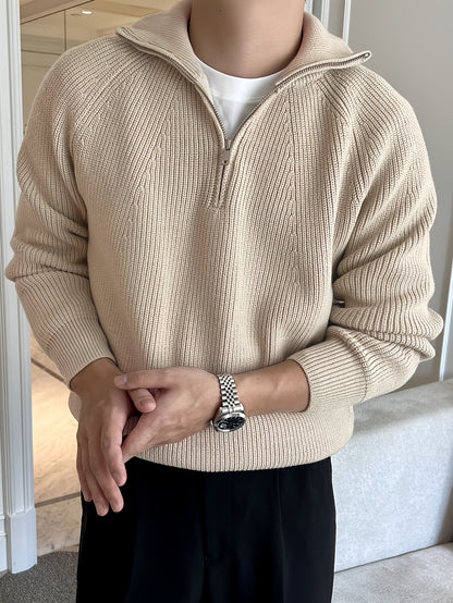 Plain Knit Cuffed Zip Up Sweater